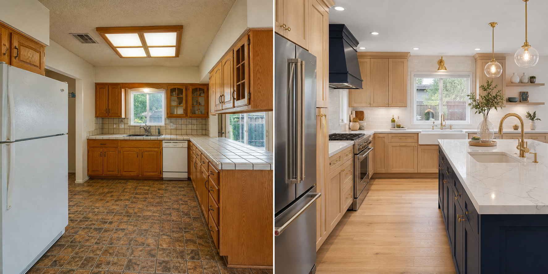 Before and after luxury kitchen remodeling transformation