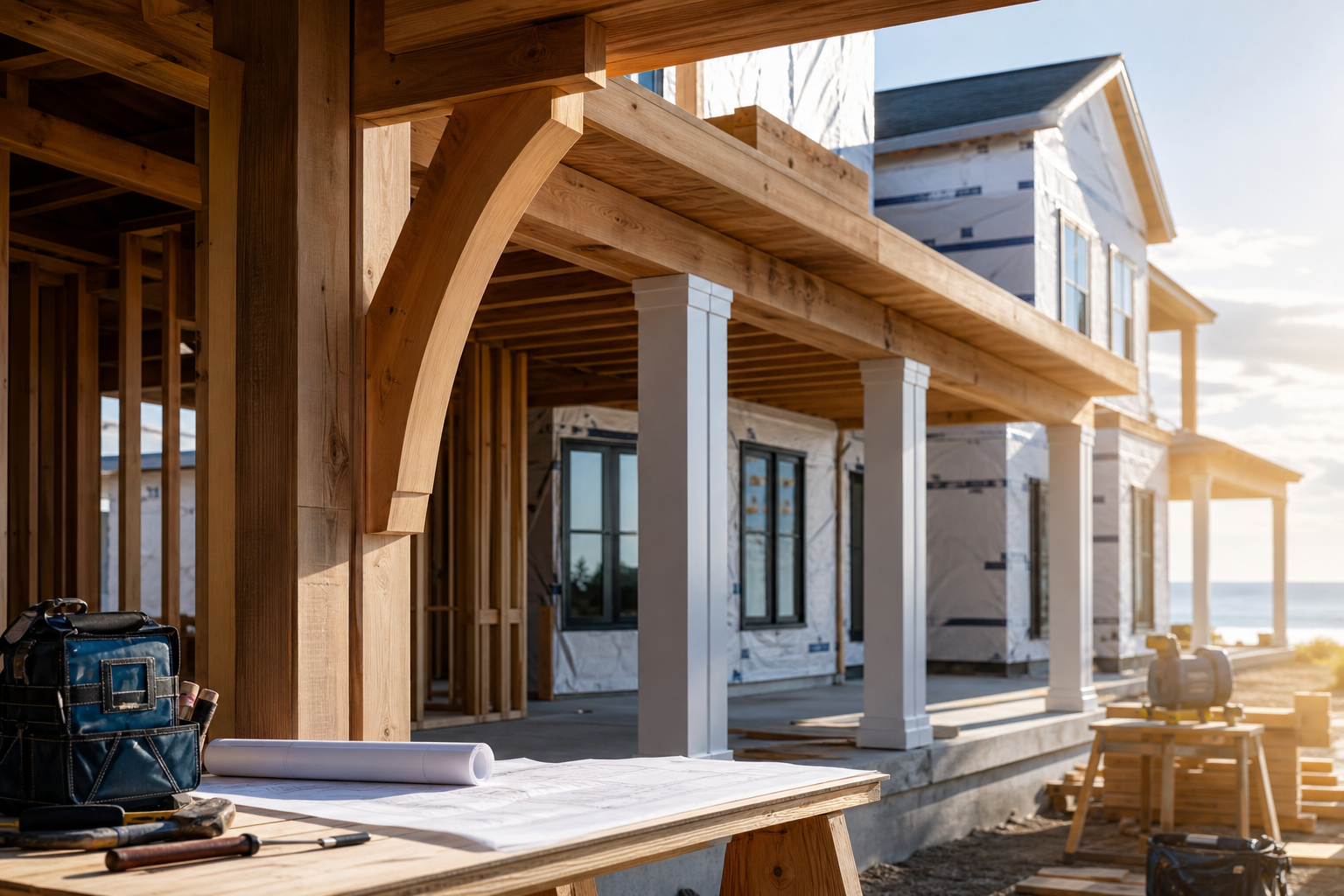 Organized coastal home construction site with premium wood craftsmanship details