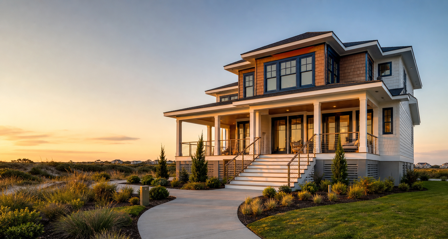 Luxury coastal custom home with warm wood details and broad porches