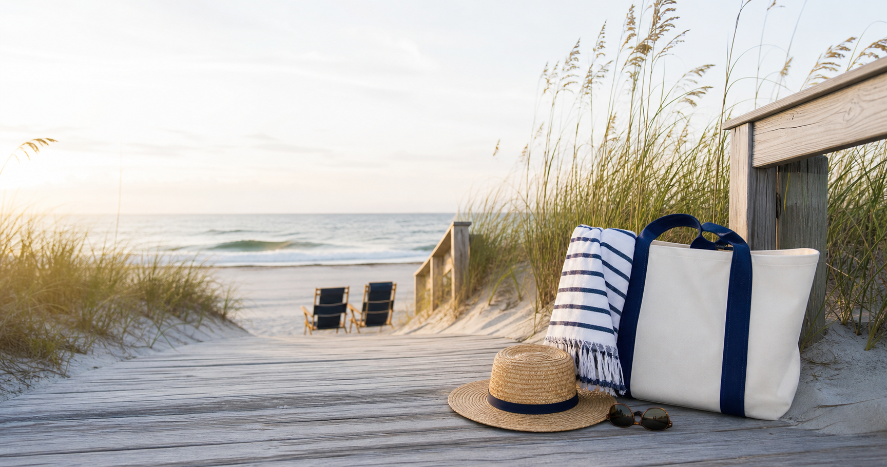 Premium coastal beach gear arranged on an Outer Banks dune boardwalk