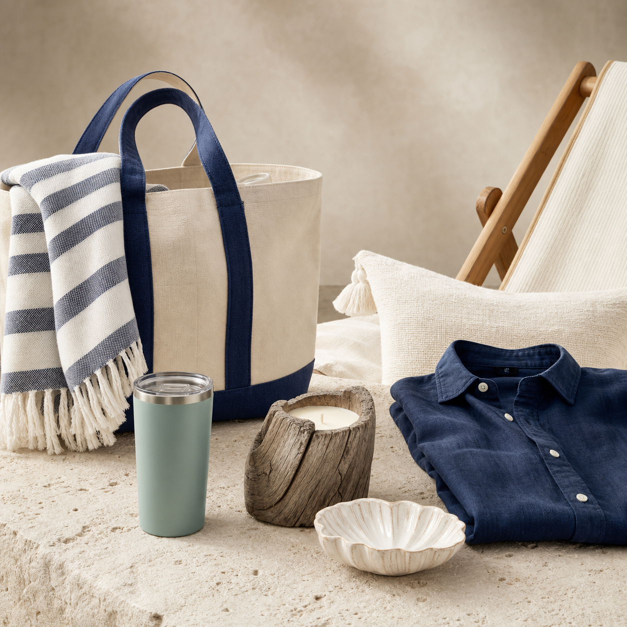 Beach tote and towel styled for a premium coastal collection