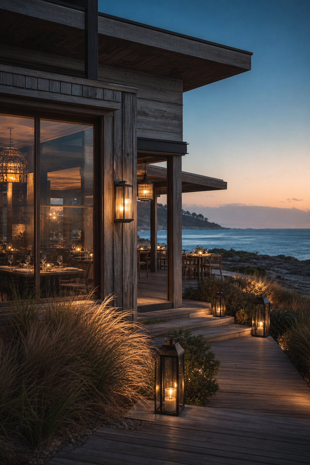 Cedar-lined coastal restaurant entry beside dunes at golden hour