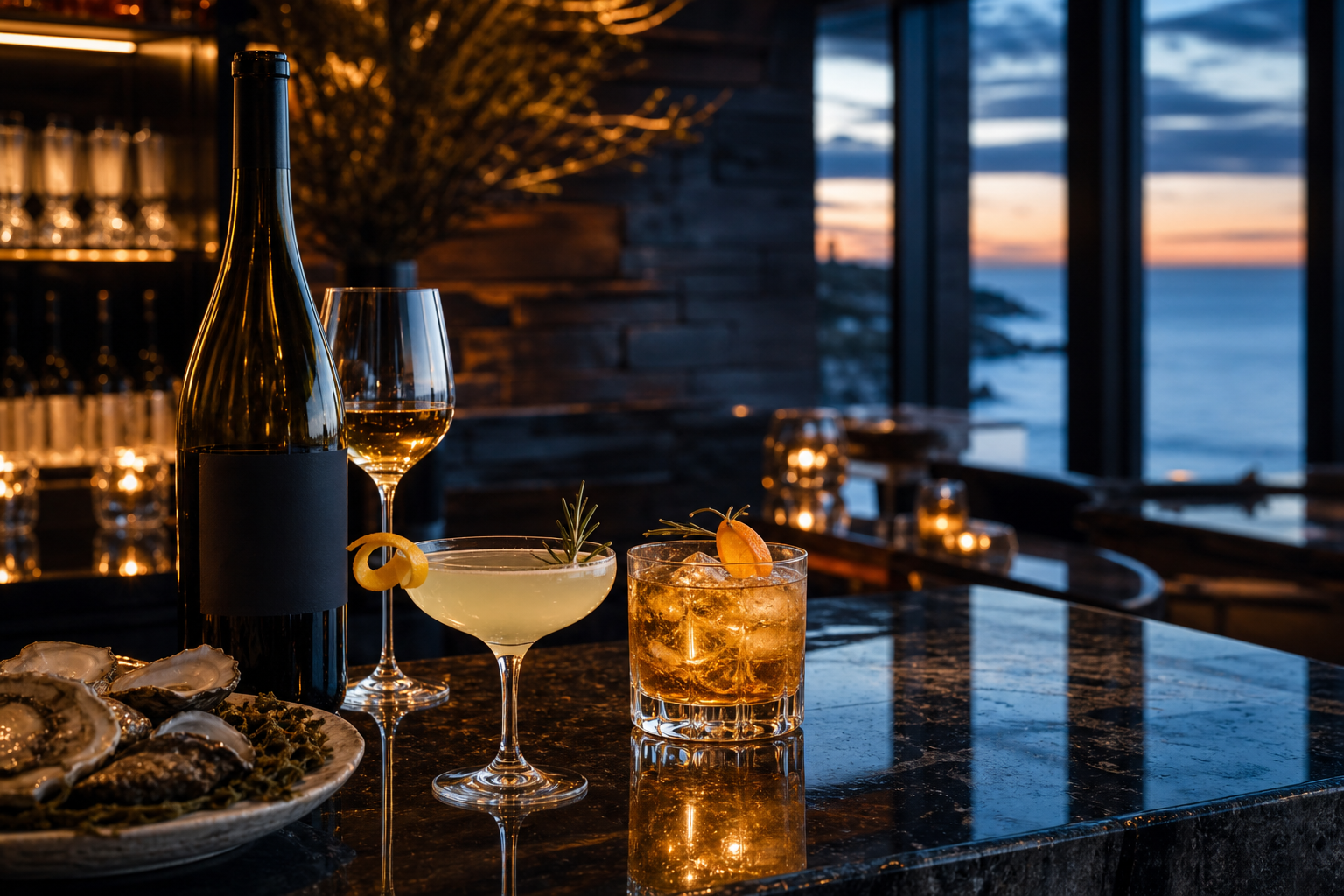 Moody cedar bar with cocktails and wine beside ocean-view windows