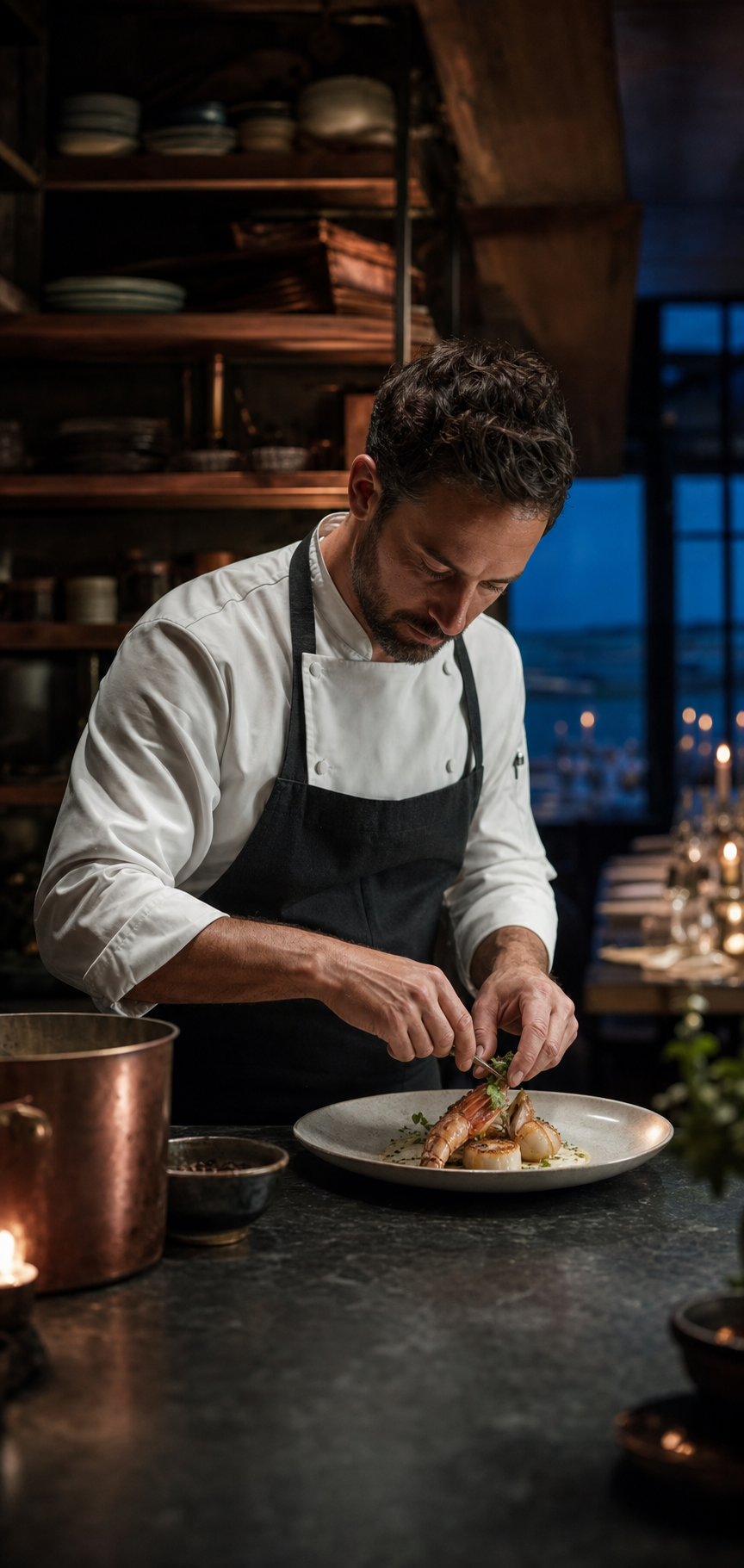 Executive chef plating seafood in a refined coastal kitchen