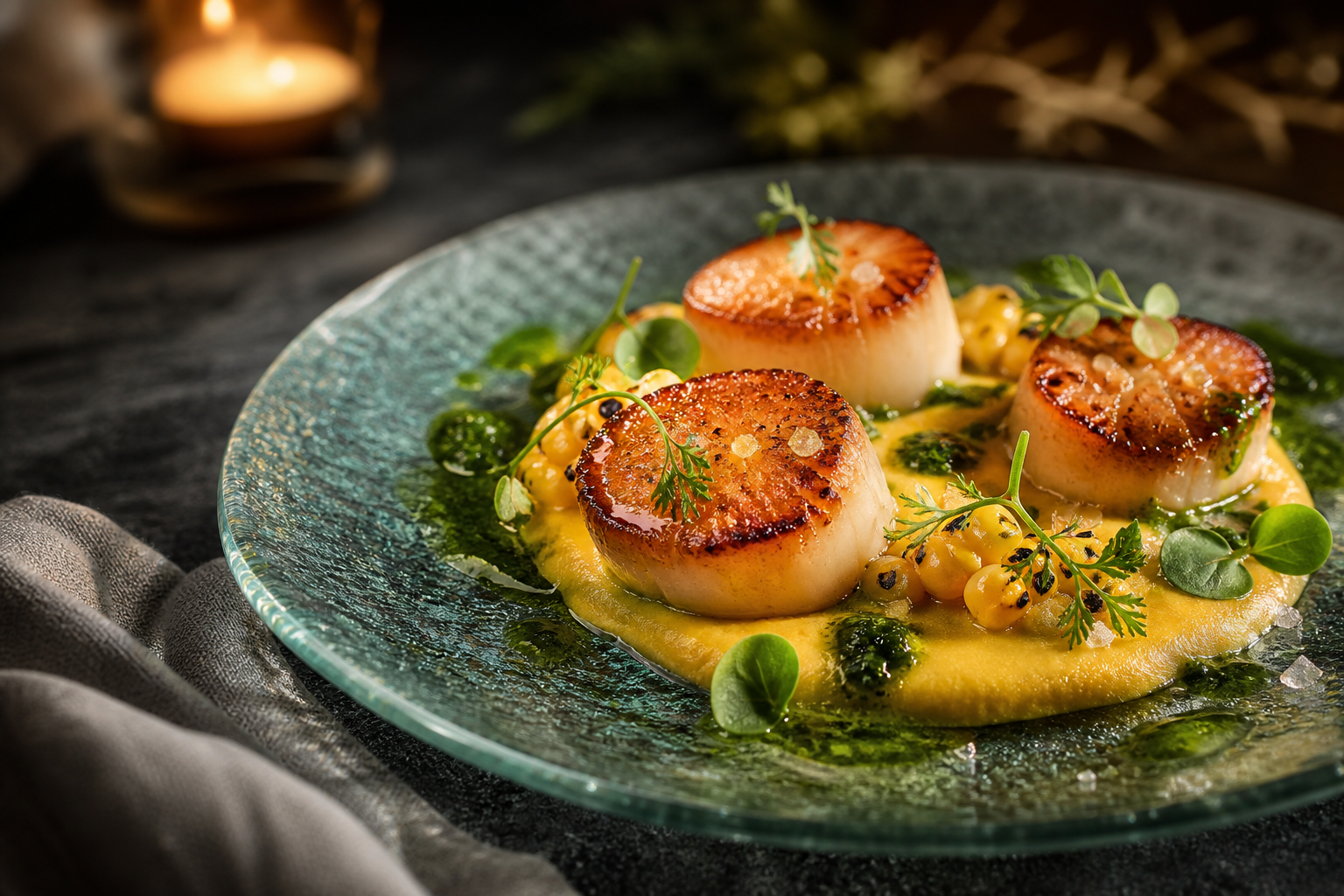 Seared scallops with corn puree and herb oil