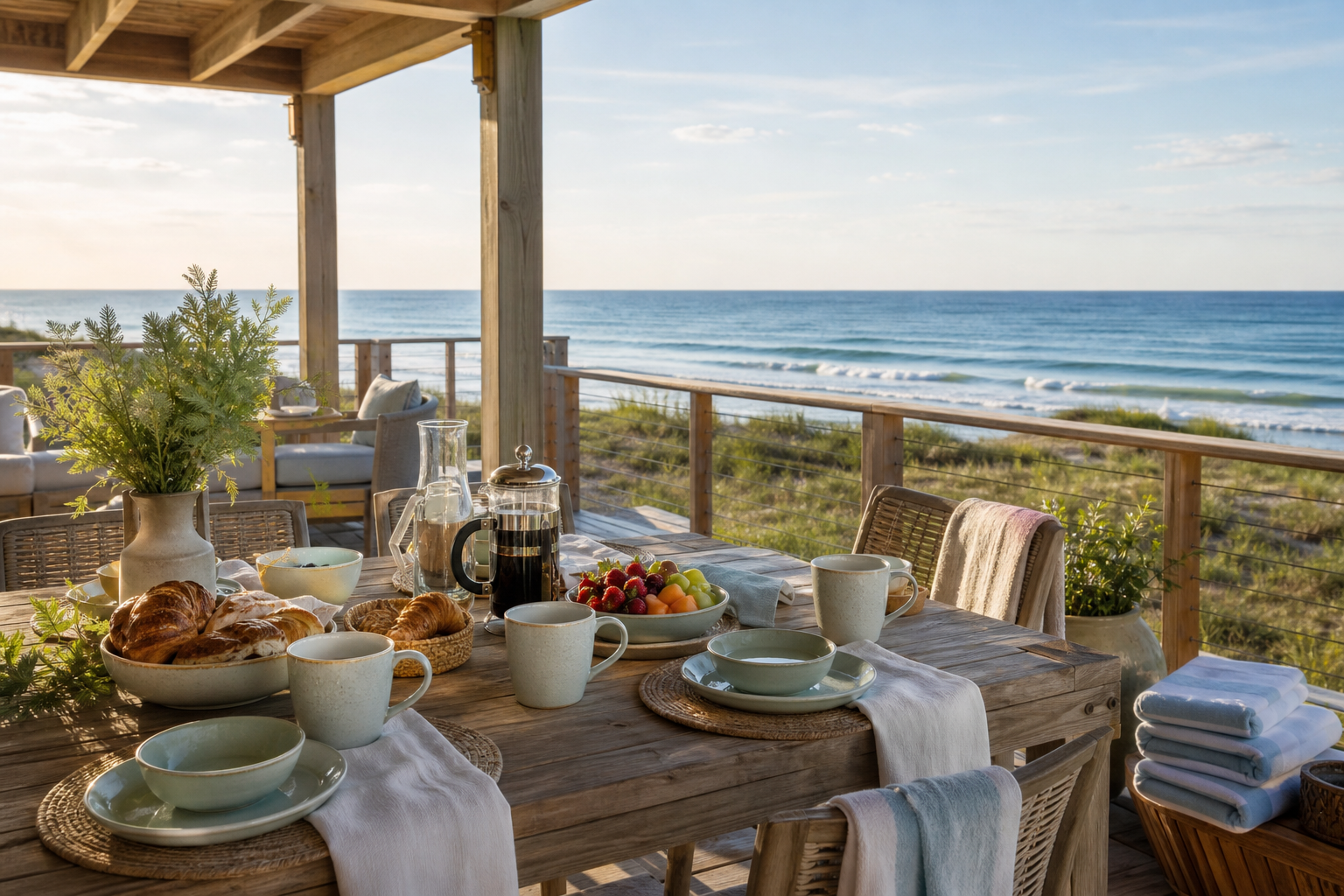 Ocean view deck breakfast at an Outer Banks rental home