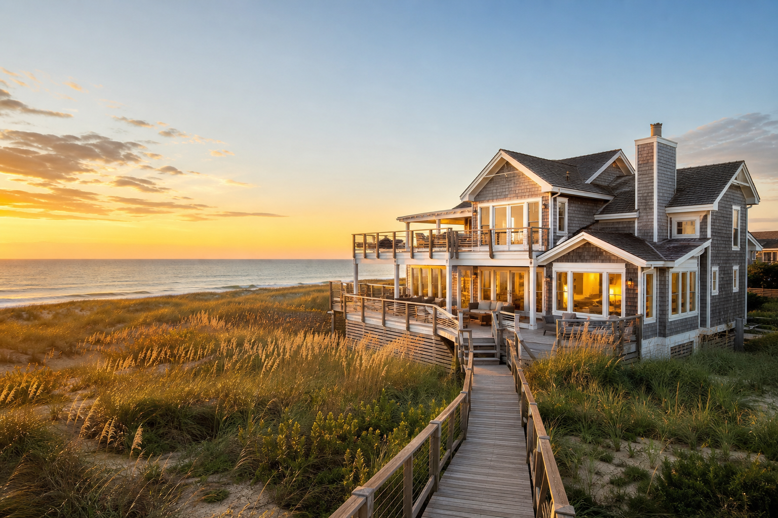 Luxury Outer Banks beachfront vacation home at sunrise
